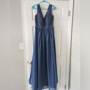 Slate Blue A-line Floor-Length Chiffon Lace Dress - wedding guest or bridesmaids